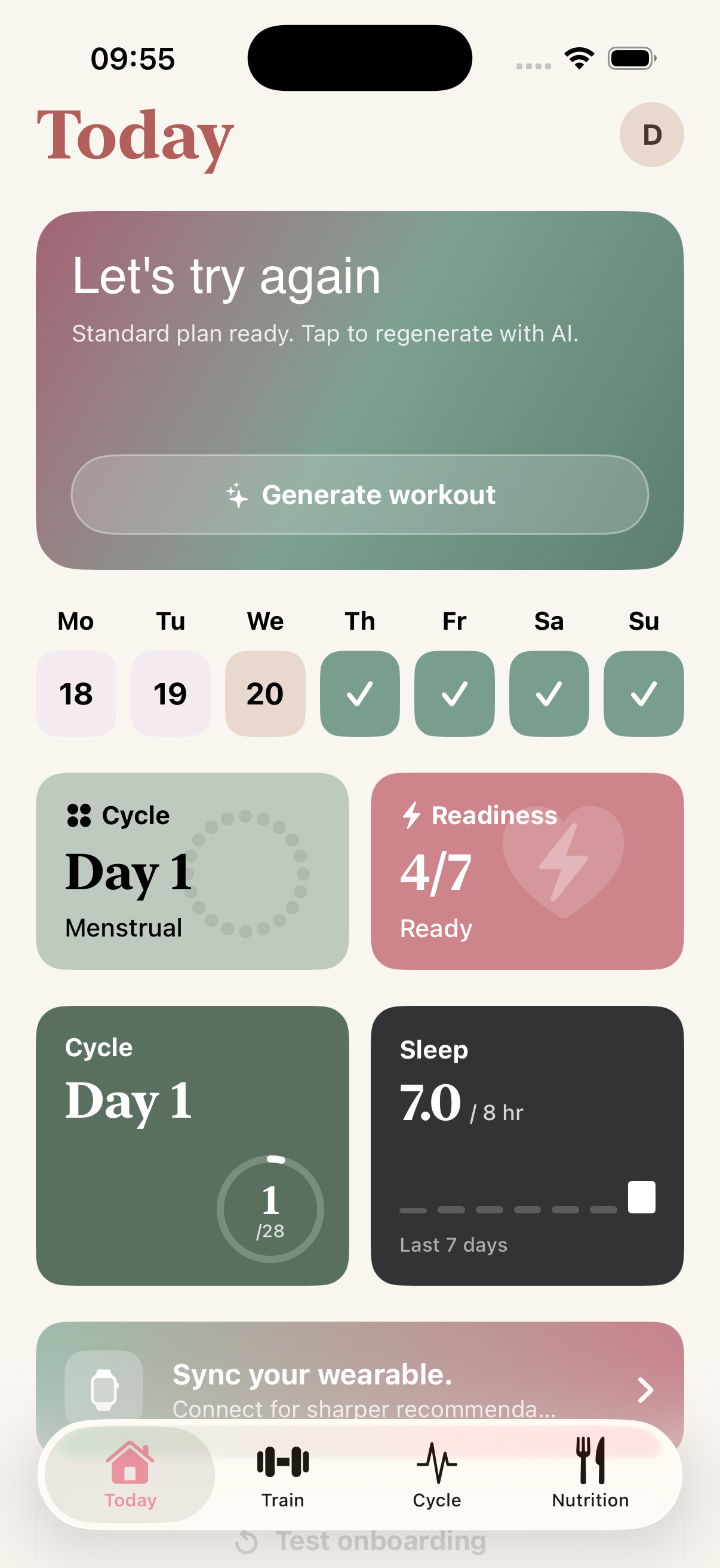 FlowState app showing Follicular Phase dashboard with cycle ring and workout stats