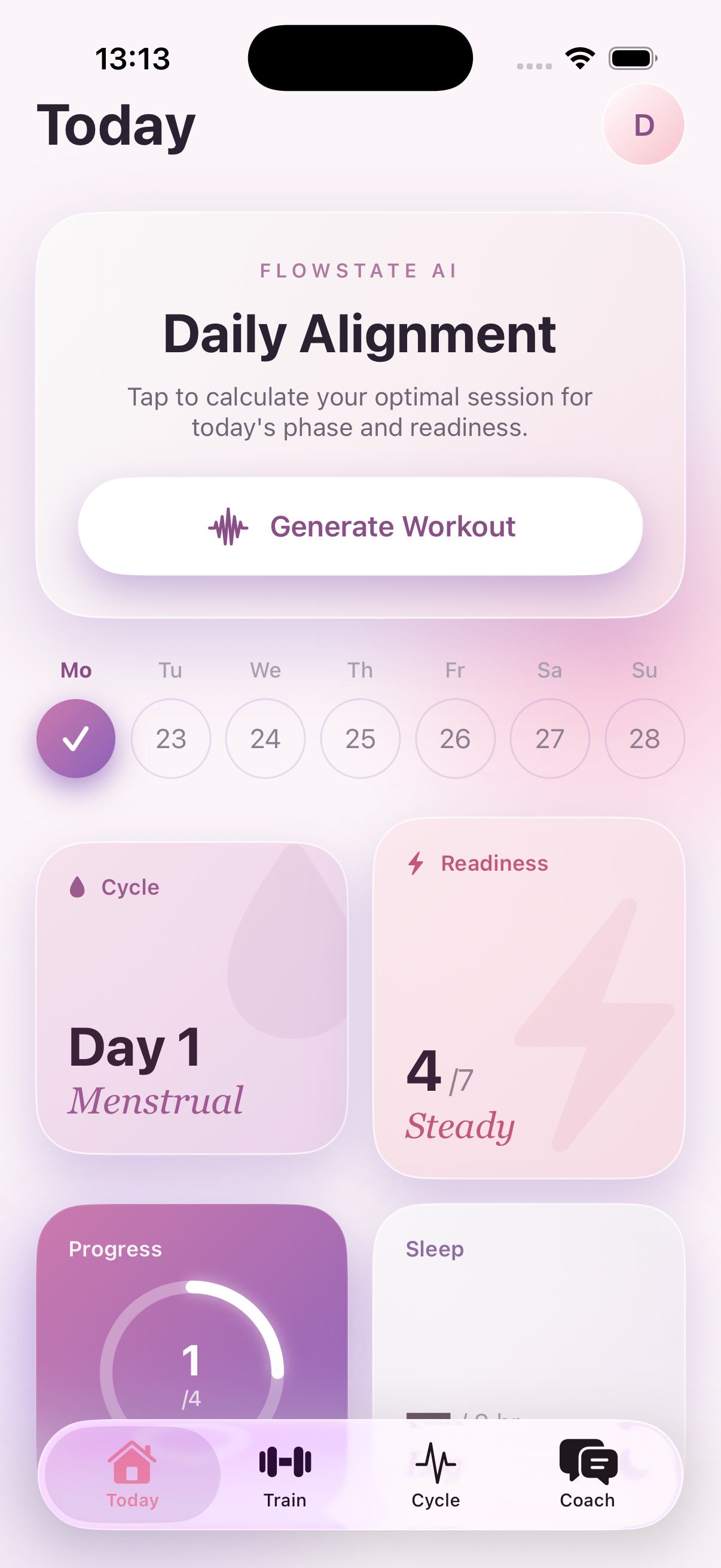 FlowState app showing Follicular Phase dashboard with cycle ring and workout stats